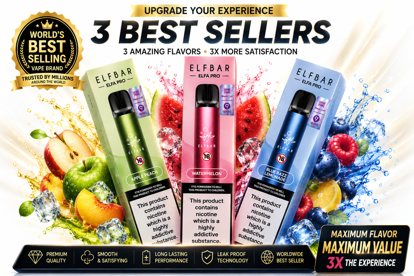 ELFBAR ELFA PRO 3-as Ízválogatás – Apple Peach + Watermelon + Blue Razz Lemonade